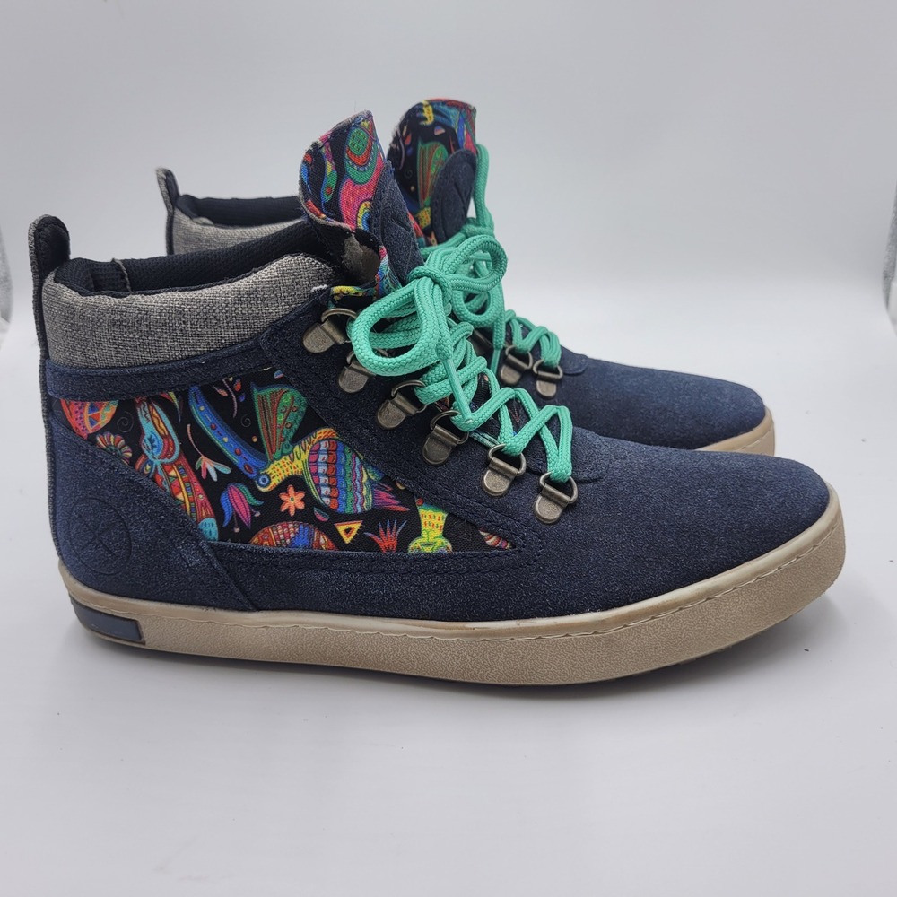 Inkkas Womens Navy Blue Bird Print High Top Sneakers Mint Green Laces Size 8